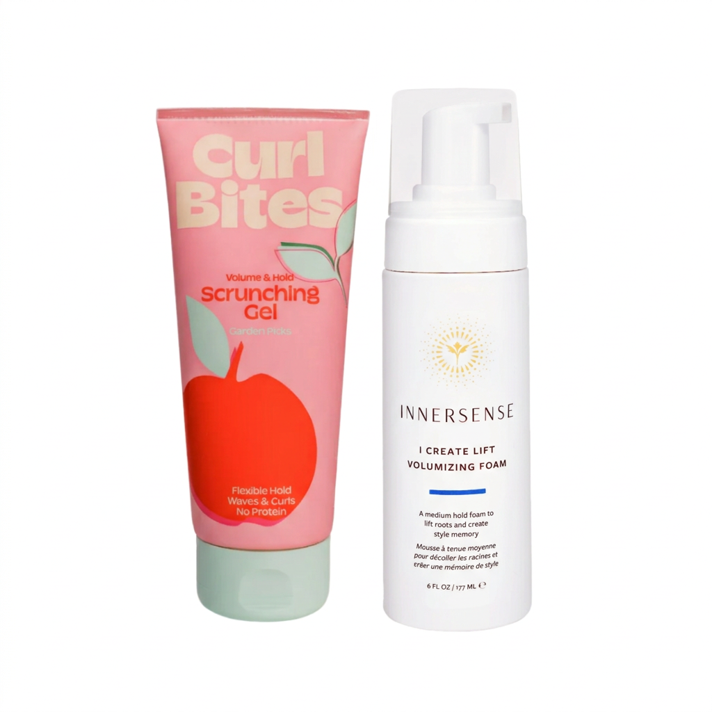 Curl Bites Volume & Hold gel and Innersense I Create Lift foam on a white background