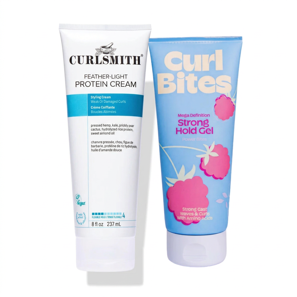 Curlsmith protein cream and Curl Bites gel on a white background