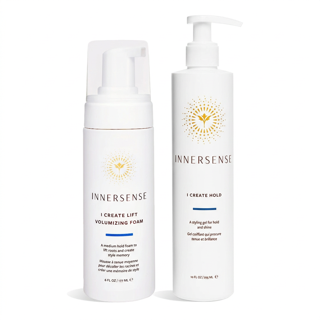 Innersense I Create Lift foam and I Create Hold gel on a white background
