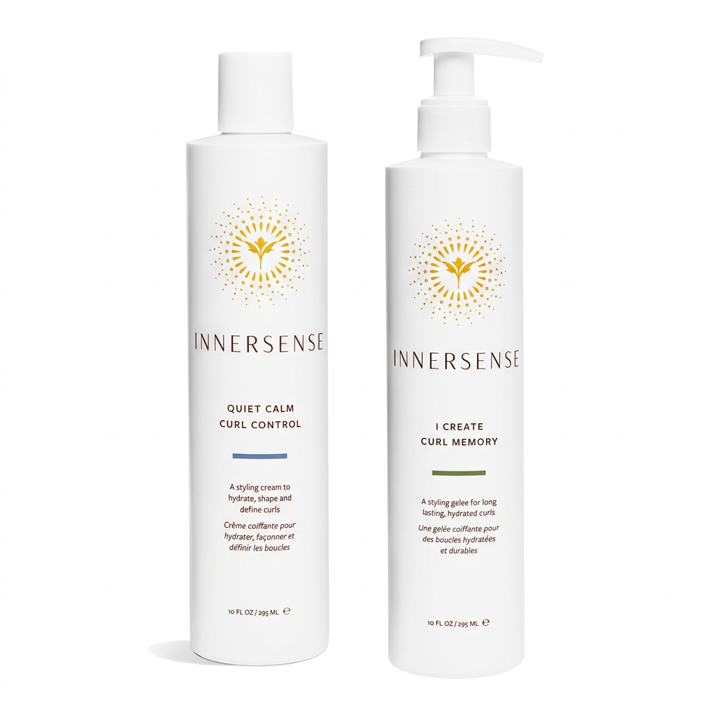 Innersense Quiet Calm cream and I Create Curl Memory gel on a white background