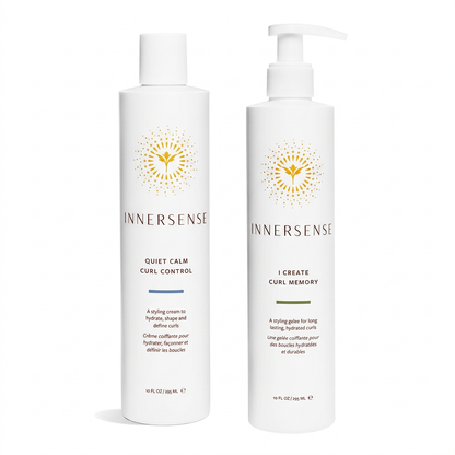 Innersense Quiet Calm cream and I Create Curl Memory gel on a white background